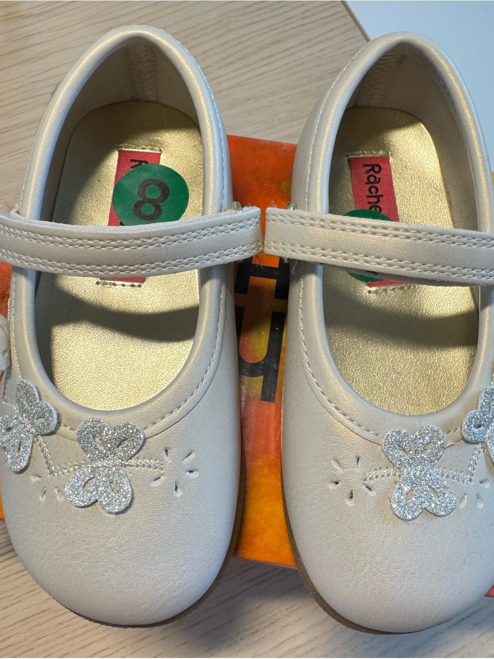 Rachel Cream Mary Jane Dress Shoes with Glitter Flower Accents